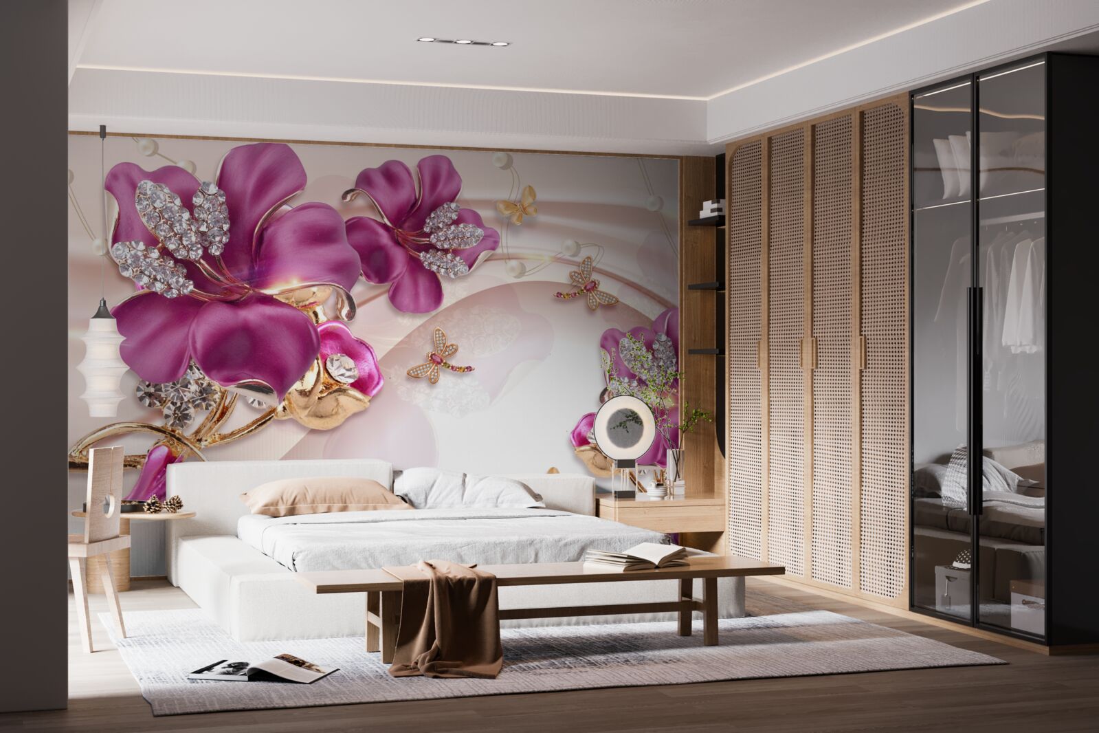 Fototapet petale de flori mov înconjurate de perle și aur