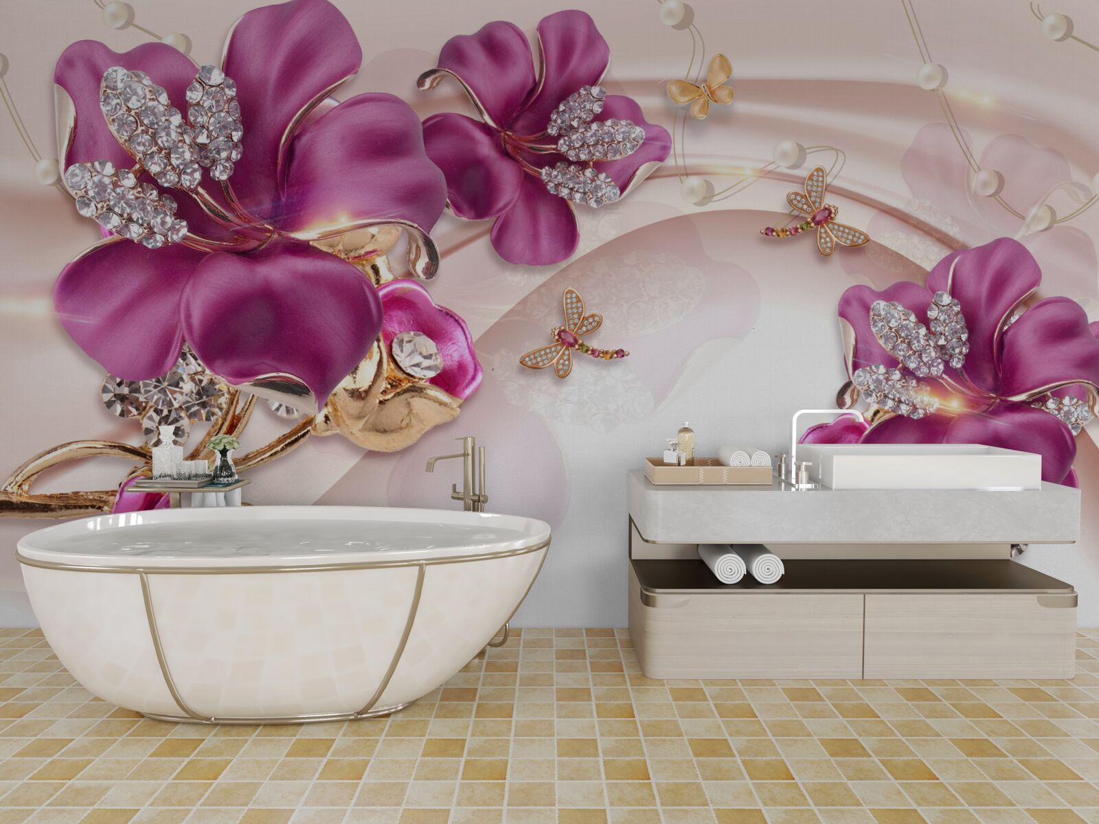 Fototapet petale de flori mov înconjurate de perle și aur