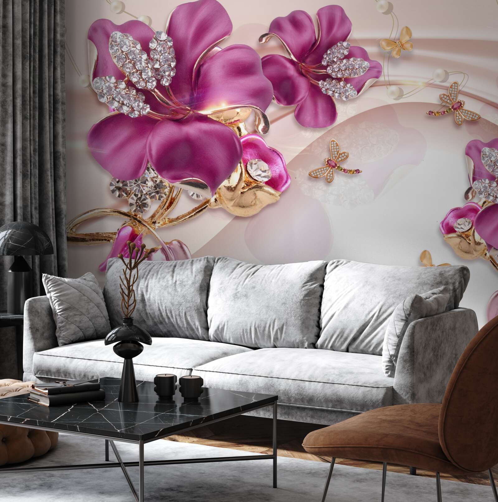 Fototapet petale de flori mov înconjurate de perle și aur