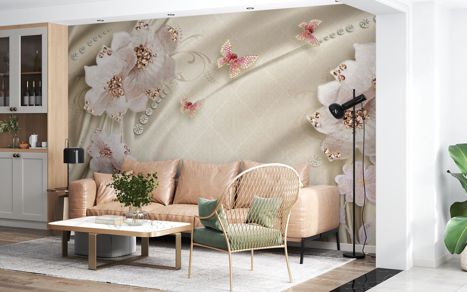 Fototapet mătasea este decorată delicat cu fluturi și flori albe ca zăpada