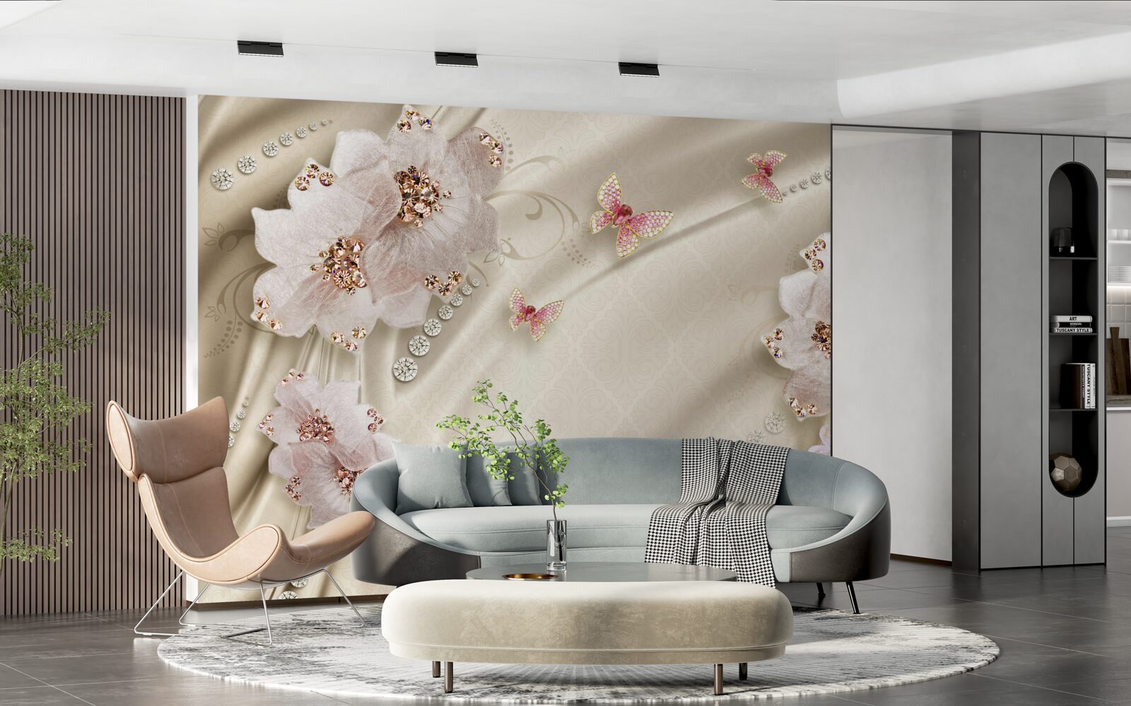 Fototapet mătasea este decorată delicat cu fluturi și flori albe ca zăpada