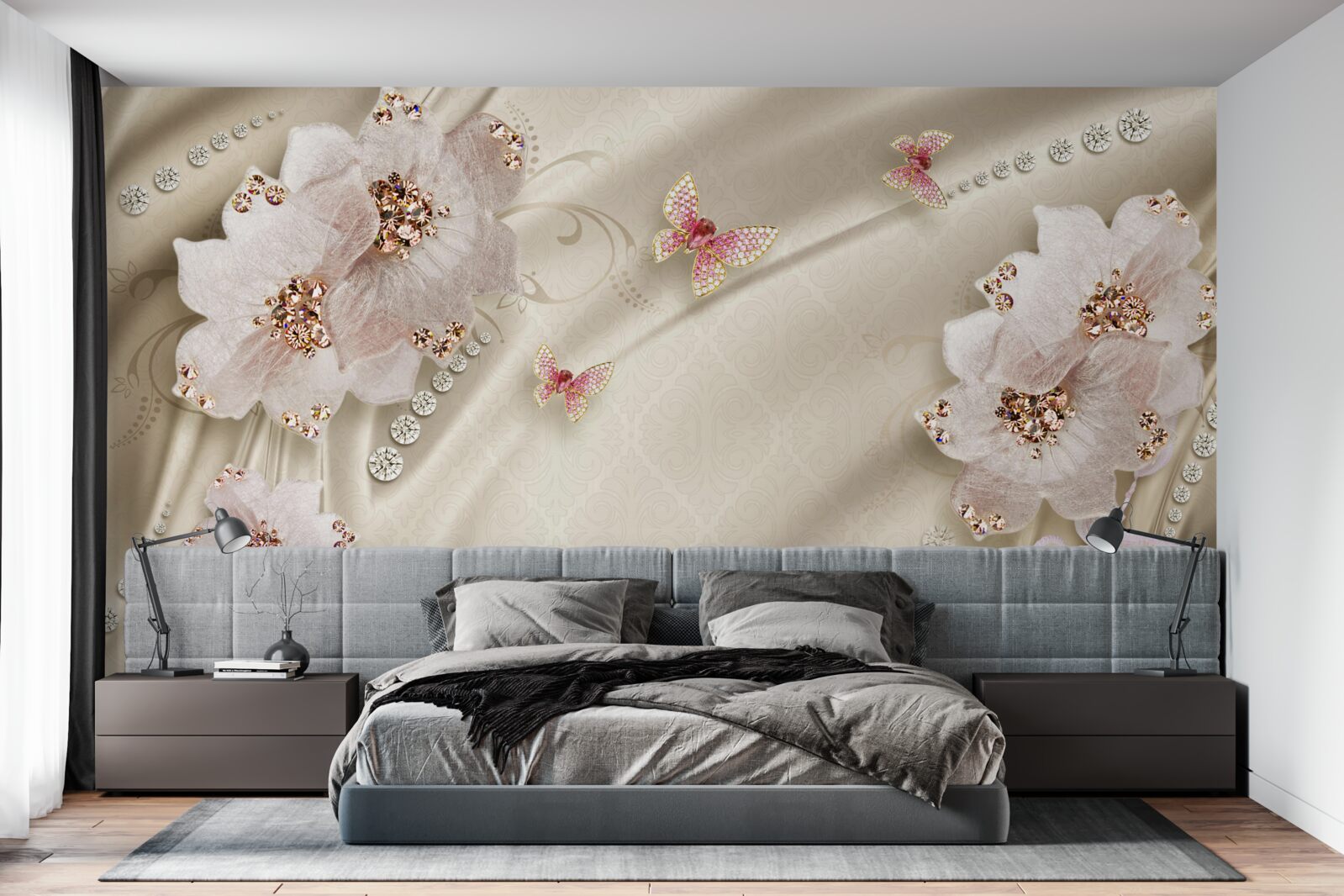 Fototapet mătasea este decorată delicat cu fluturi și flori albe ca zăpada