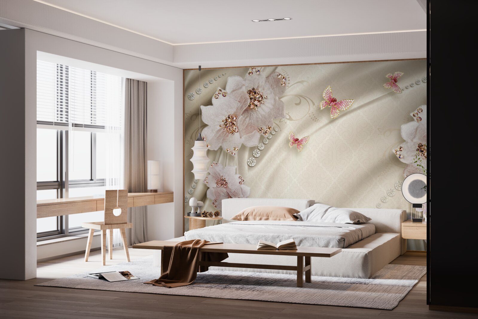 Fototapet mătasea este decorată delicat cu fluturi și flori albe ca zăpada