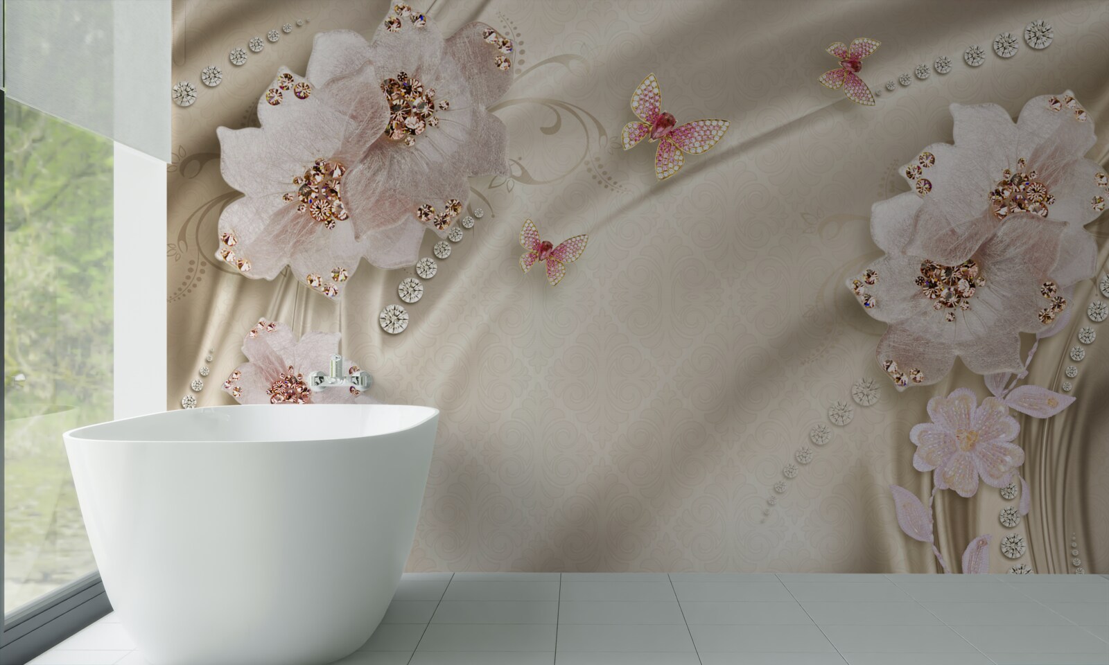 Fototapet mătasea este decorată delicat cu fluturi și flori albe ca zăpada