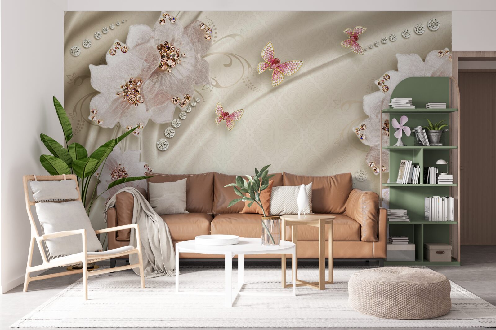 Fototapet mătasea este decorată delicat cu fluturi și flori albe ca zăpada