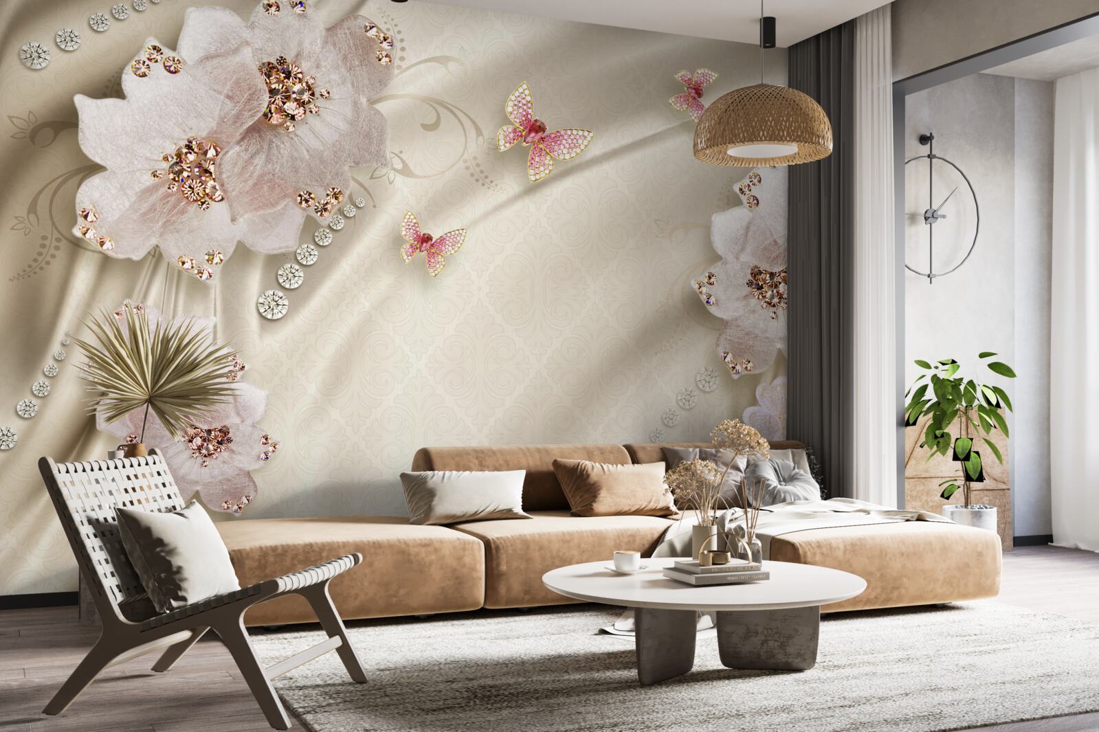 Fototapet mătasea este decorată delicat cu fluturi și flori albe ca zăpada