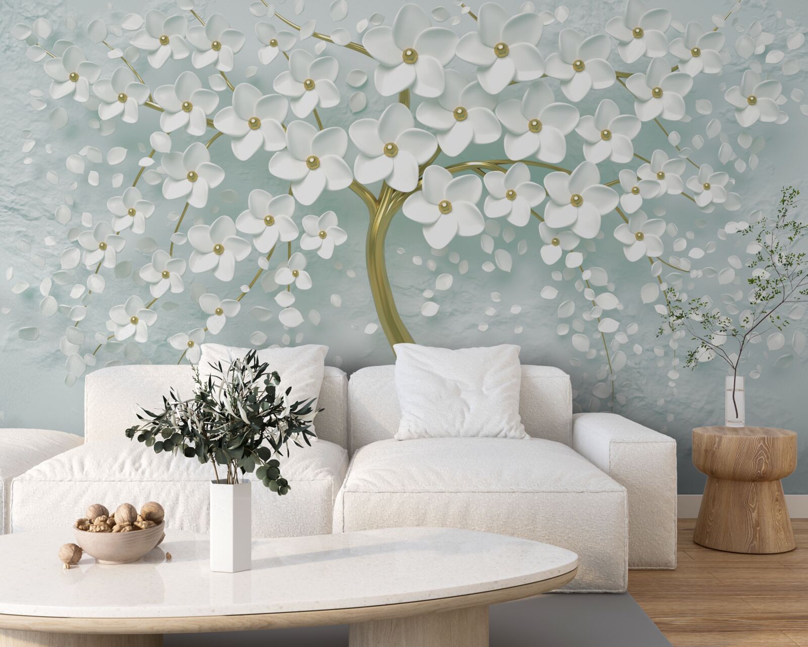 Fototapet floare cu haine albe pe o ramură de copac