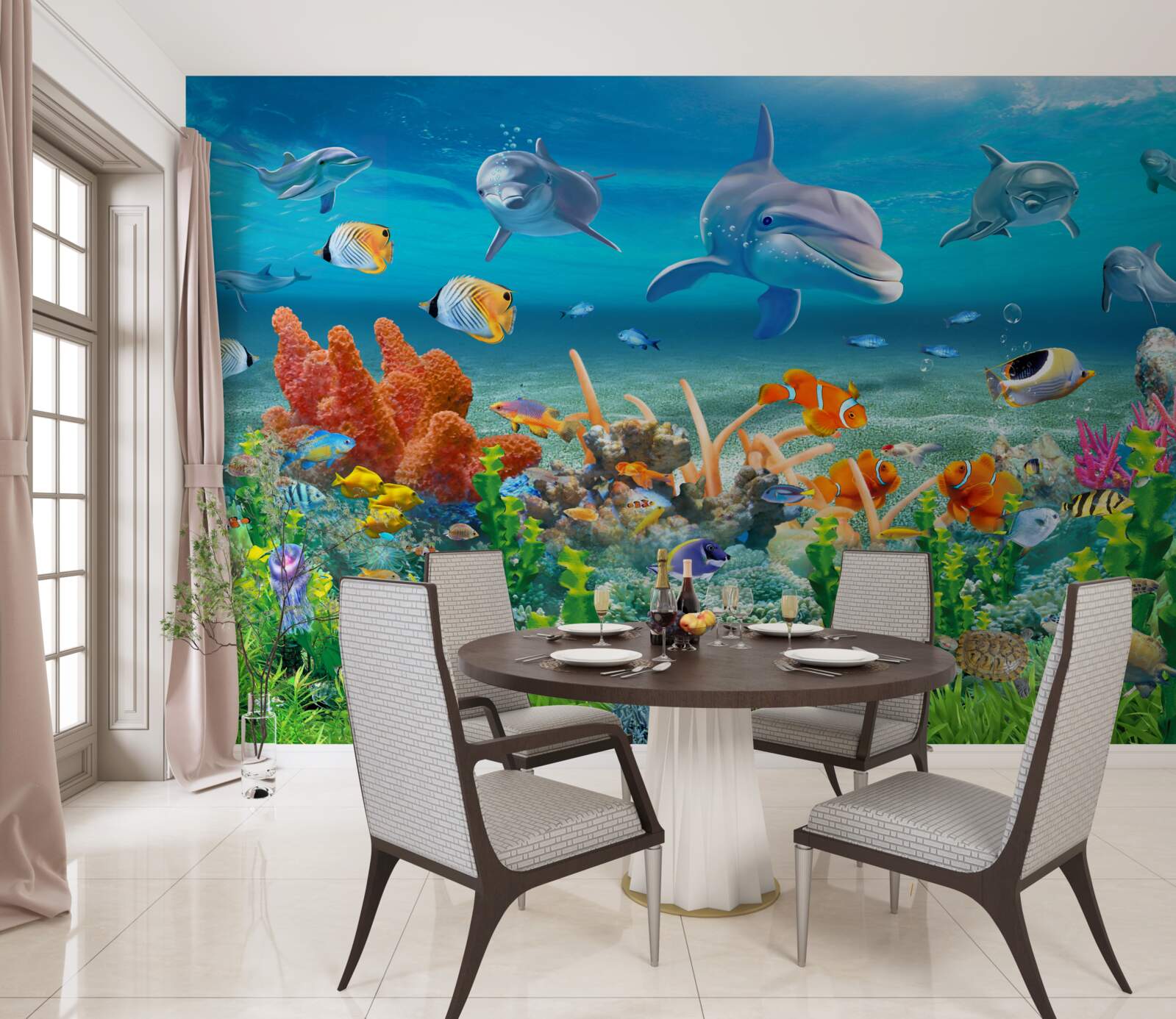 Fototapet acvariu, un acvariu cu un ecosistem acvatic în care este menținută apa dulce