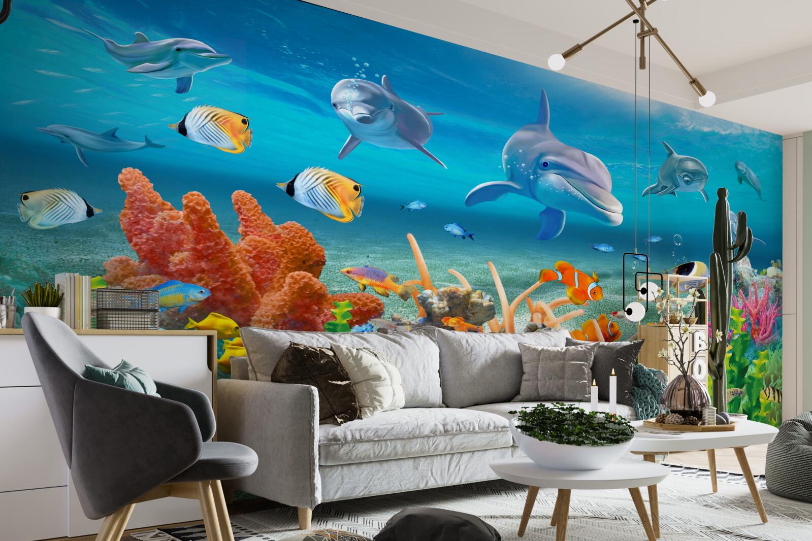 Fototapet acvariu, un acvariu cu un ecosistem acvatic în care este menținută apa dulce