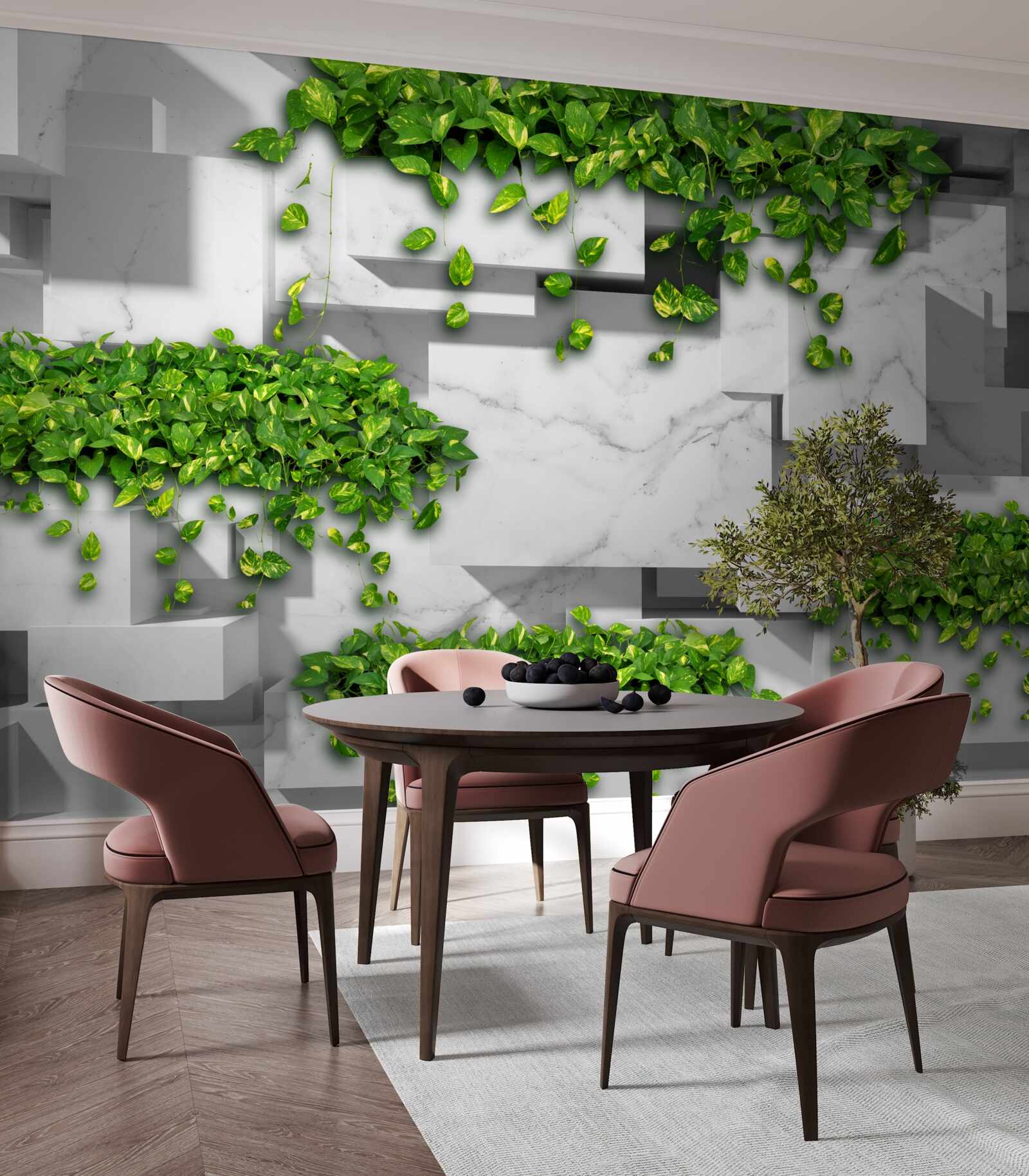 Fototapet oală cu flori, perete verde și plante