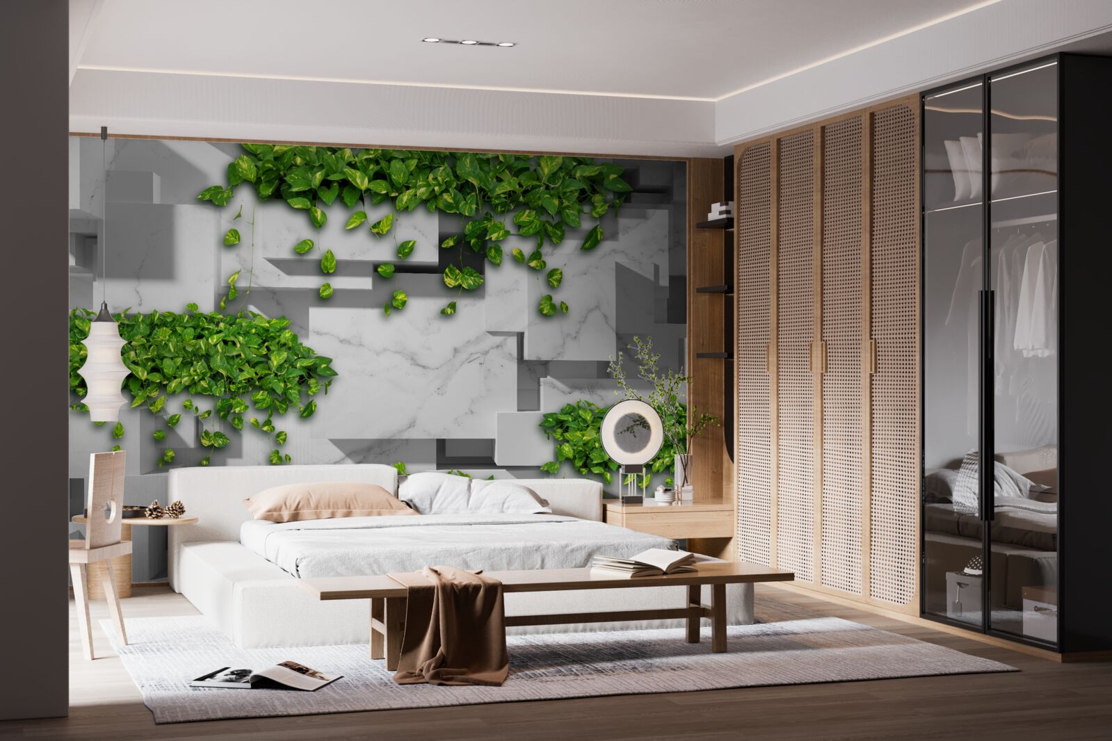 Fototapet oală cu flori, perete verde și plante