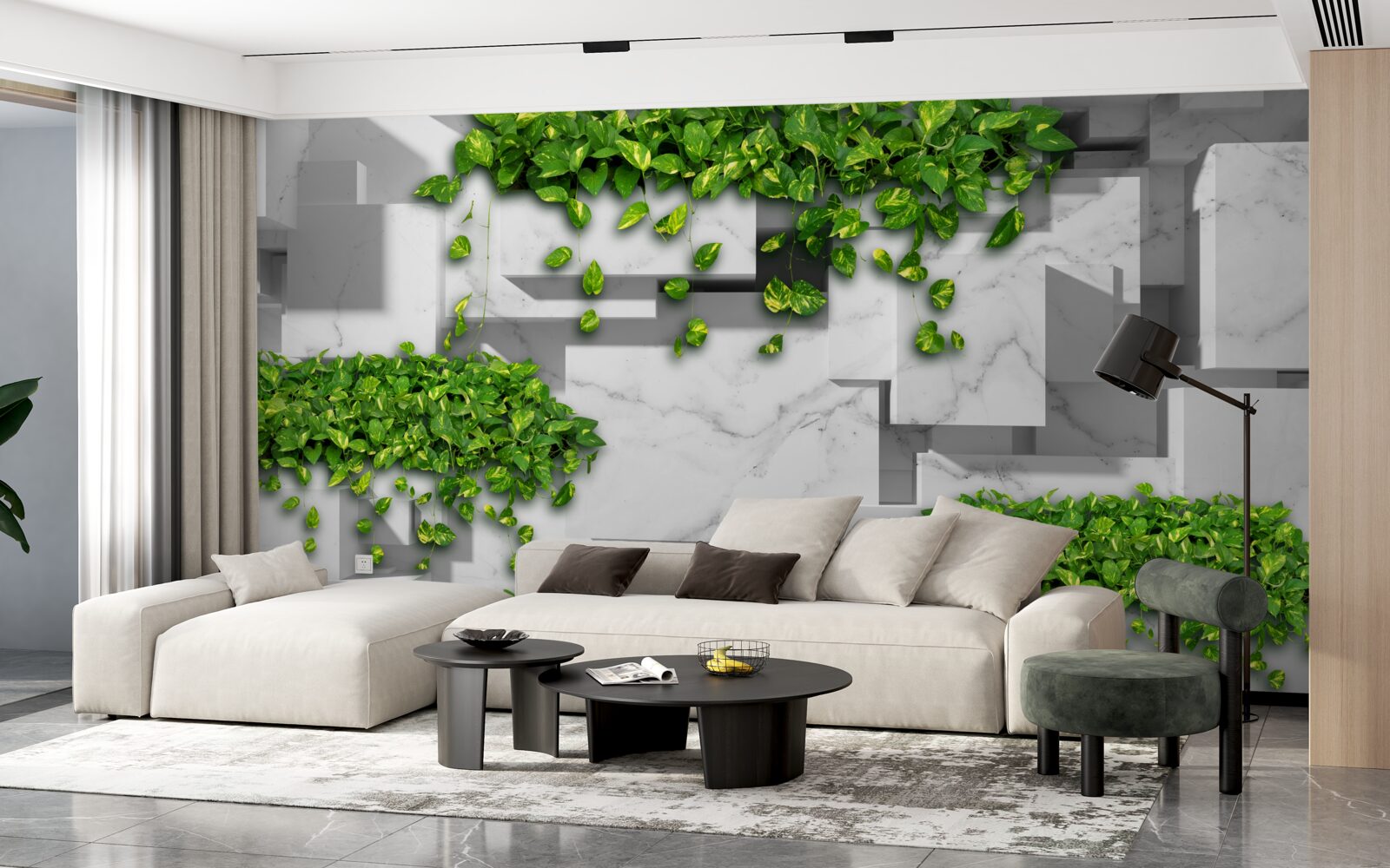 Fototapet oală cu flori, perete verde și plante