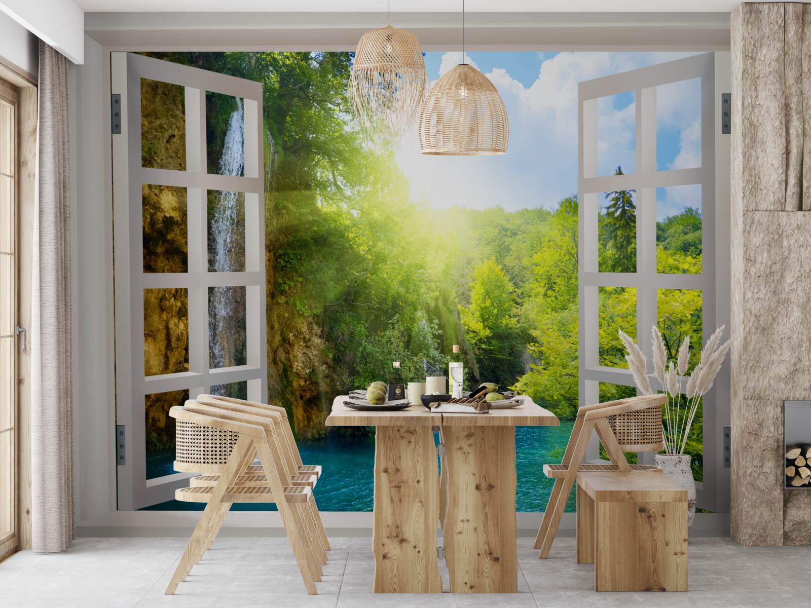 Fototapet un peisaj natural vizibil în afara ferestrei și un curent de aer pătrunzător