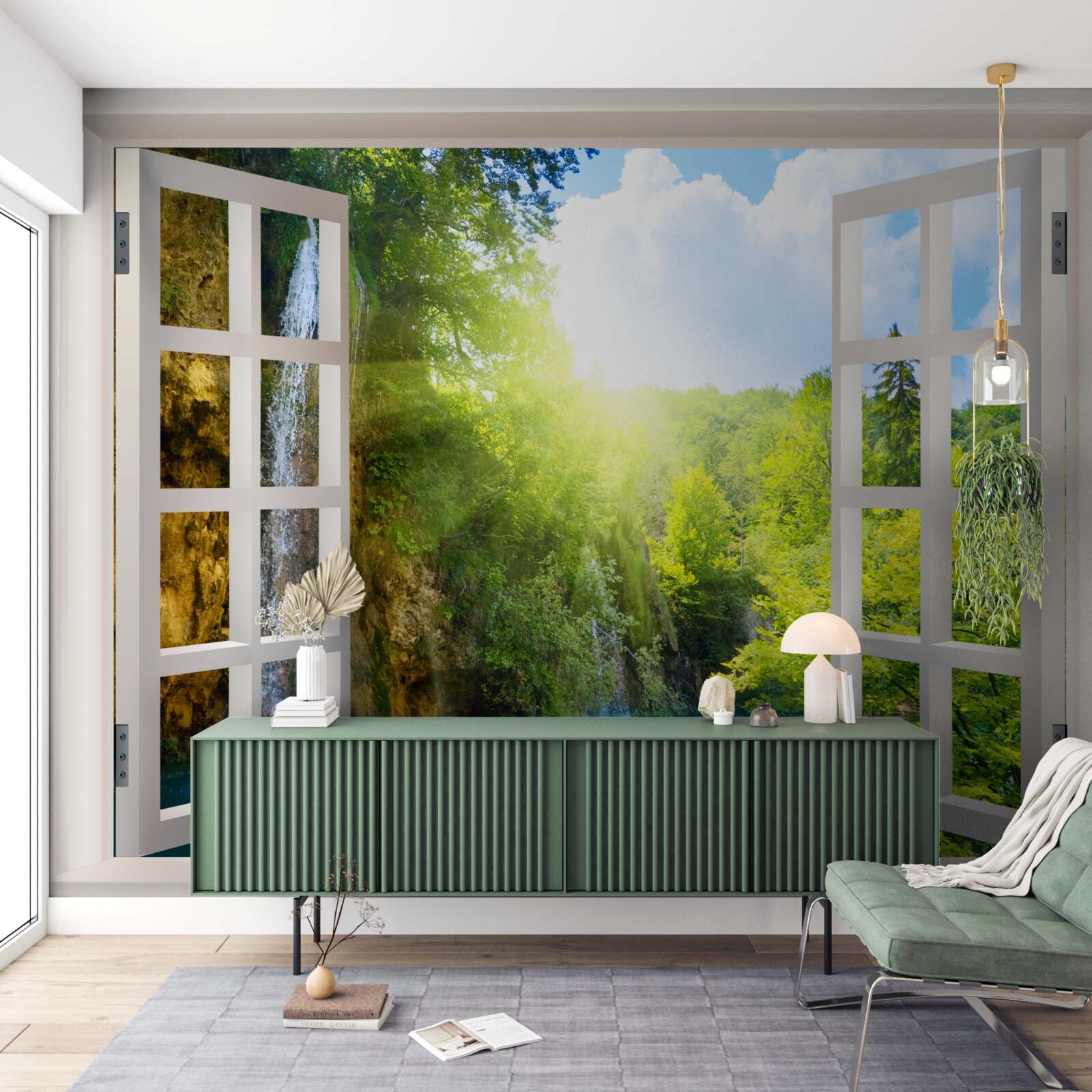 Fototapet un peisaj natural vizibil în afara ferestrei și un curent de aer pătrunzător