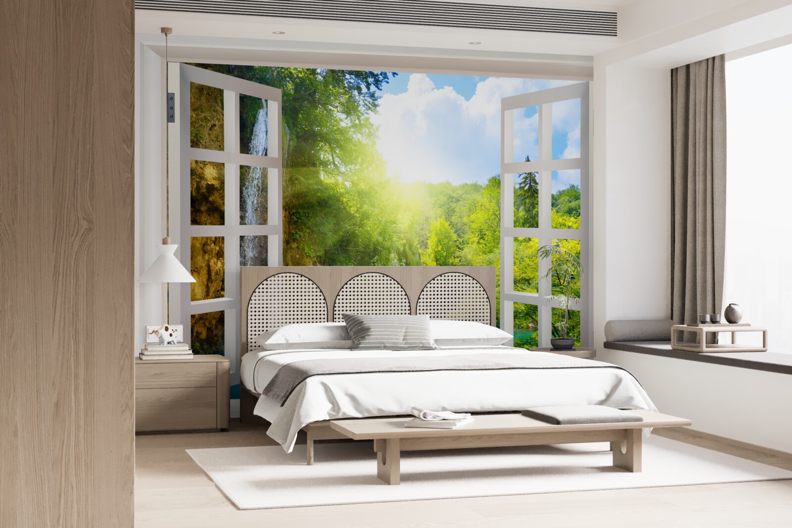 Fototapet un peisaj natural vizibil în afara ferestrei și un curent de aer pătrunzător