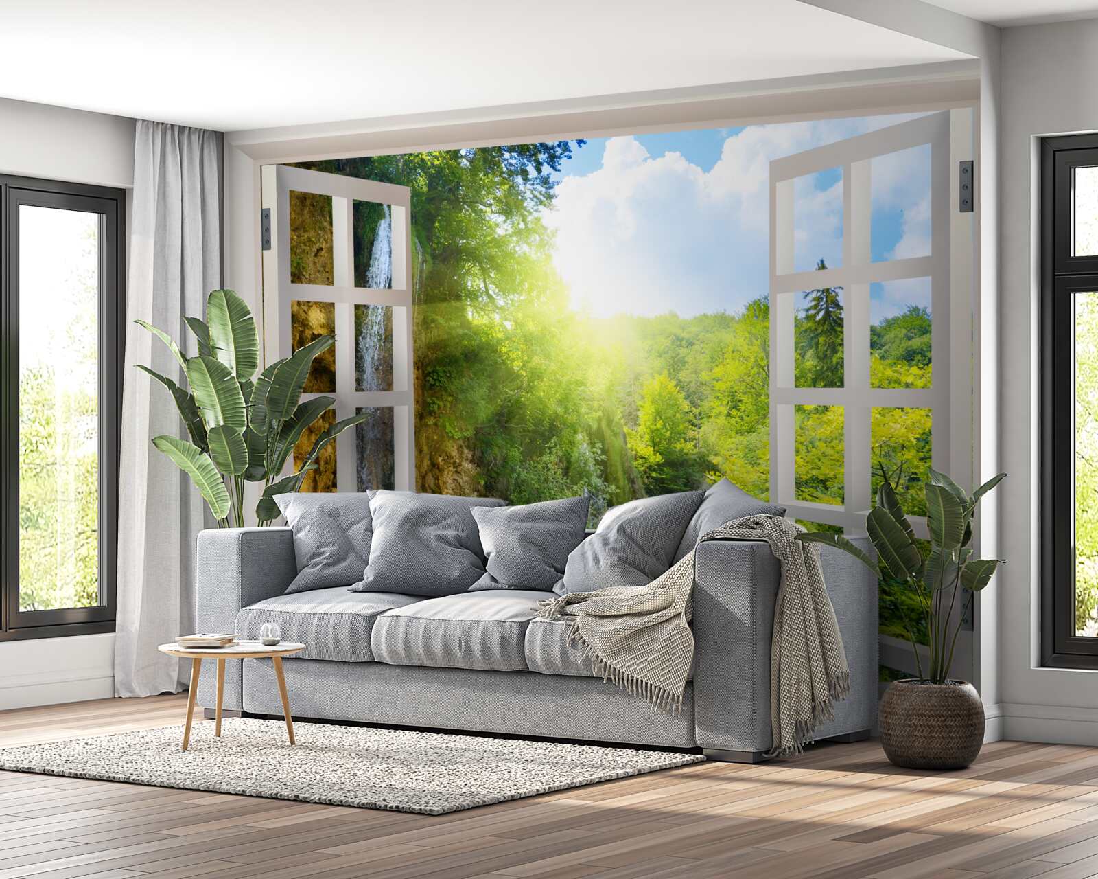 Fototapet un peisaj natural vizibil în afara ferestrei și un curent de aer pătrunzător