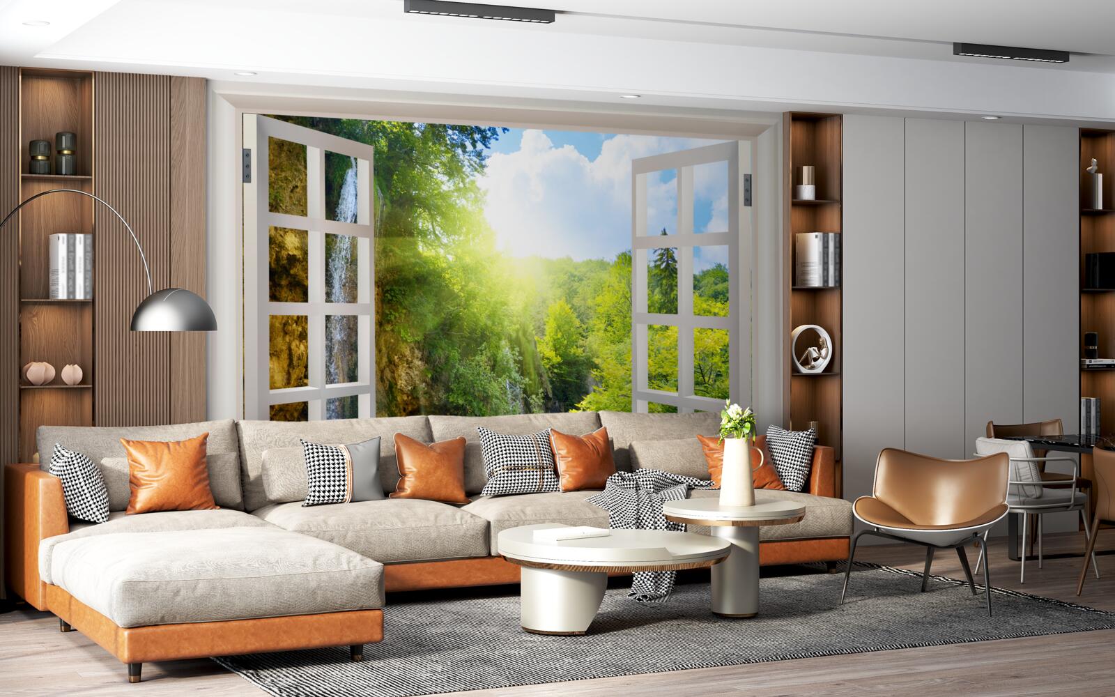 Fototapet un peisaj natural vizibil în afara ferestrei și un curent de aer pătrunzător