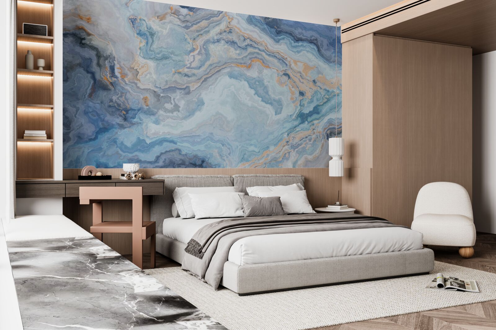 Fototapet mineral cu o nuanță albastră pe o pictură murală