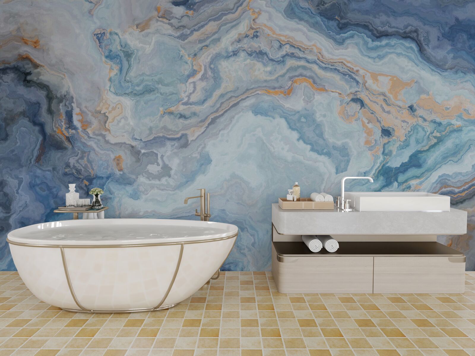 Fototapet mineral cu o nuanță albastră pe o pictură murală