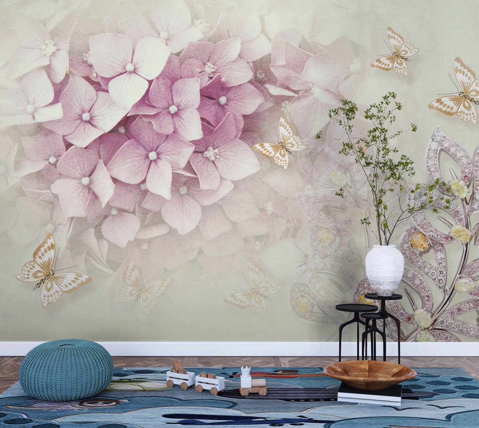 Fototapet fluturi și muguri de trandafir