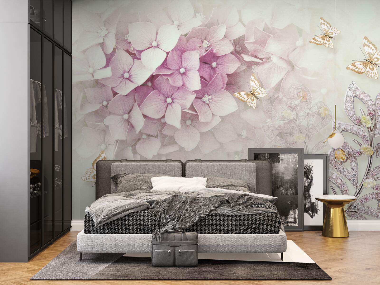 Fototapet fluturi și muguri de trandafir