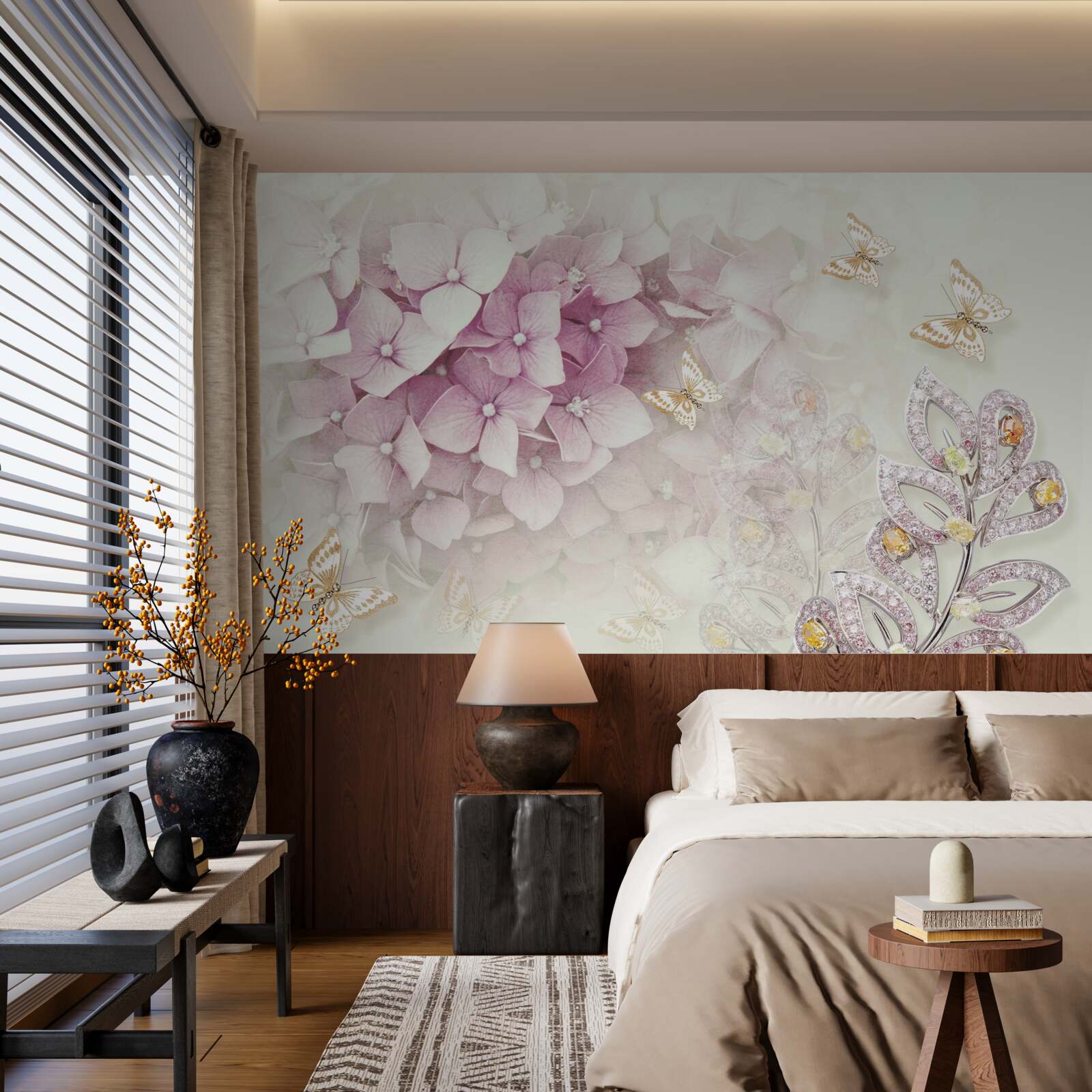 Fototapet fluturi și muguri de trandafir