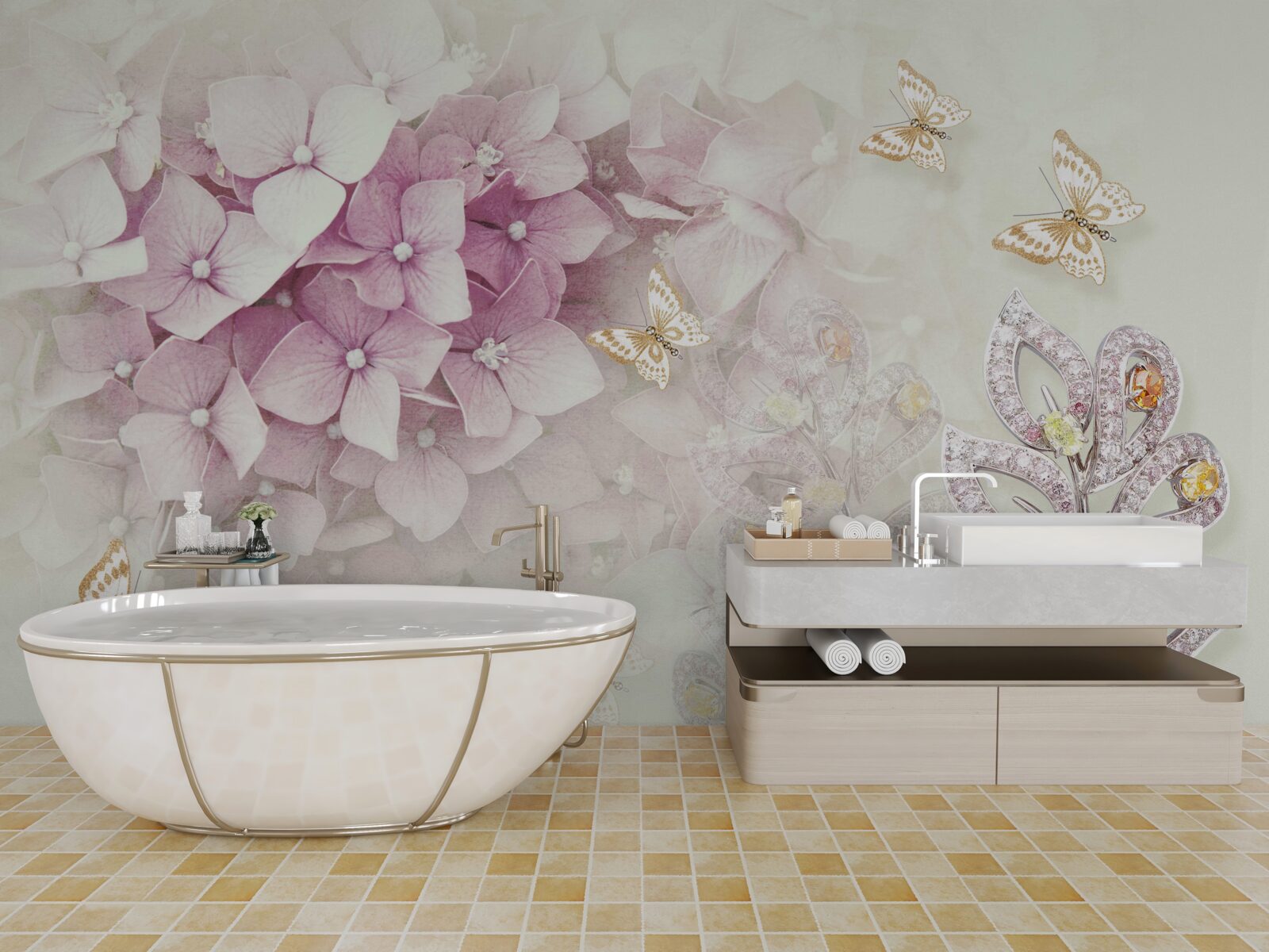 Fototapet fluturi și muguri de trandafir