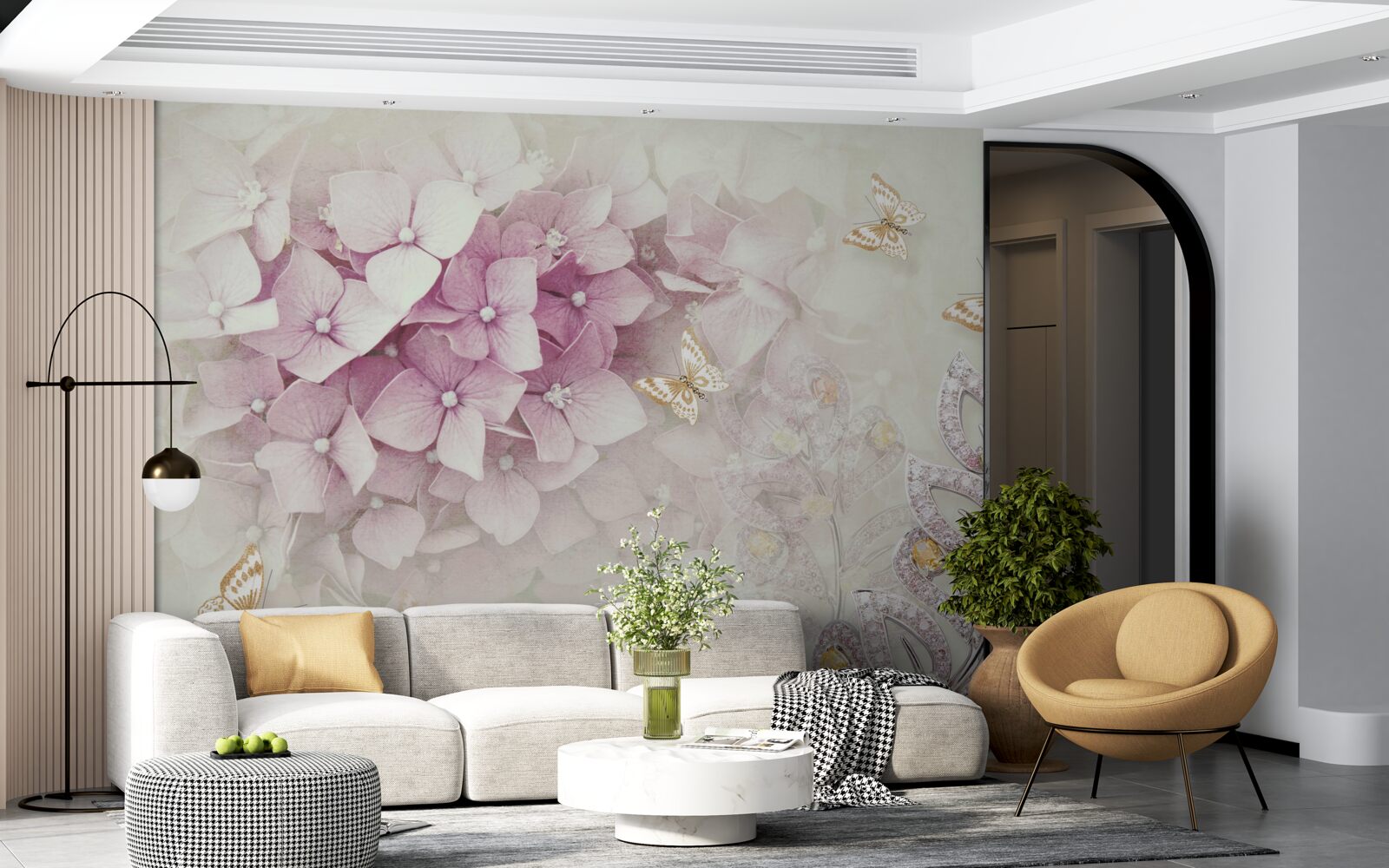 Fototapet fluturi și muguri de trandafir