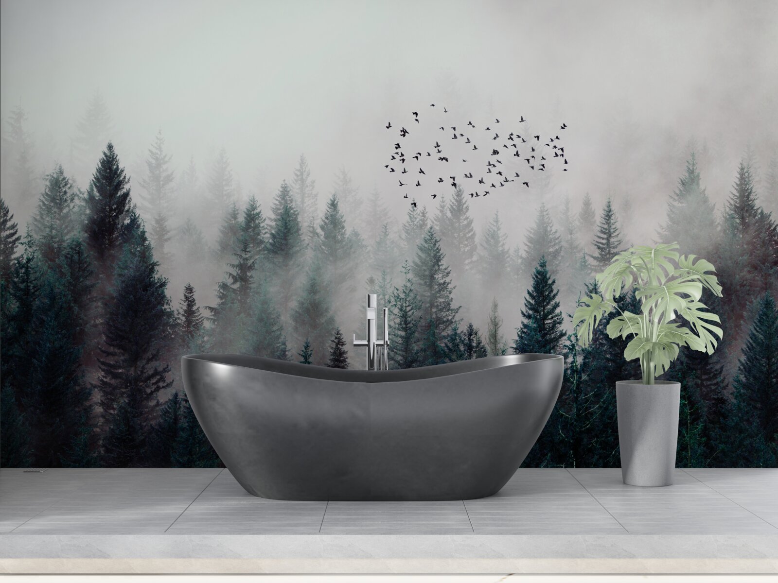 Fototapet păsări și pomi de Crăciun