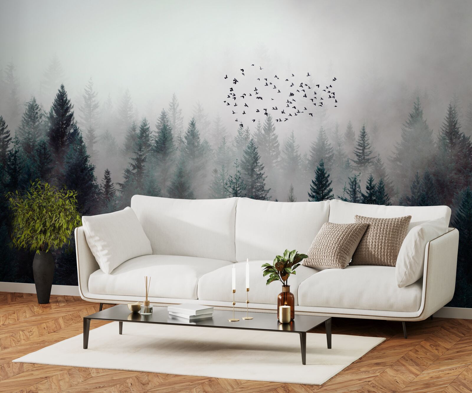 Fototapet păsări și pomi de Crăciun