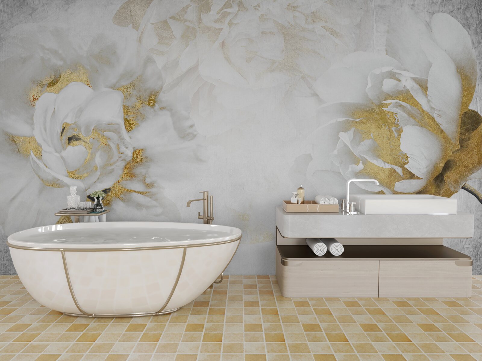 Fototapet flori albe cu accente aurii