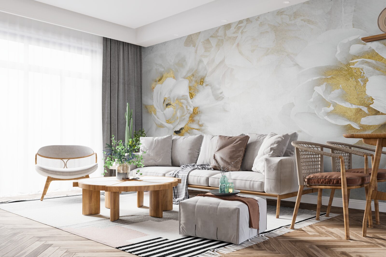 Fototapet flori albe cu accente aurii