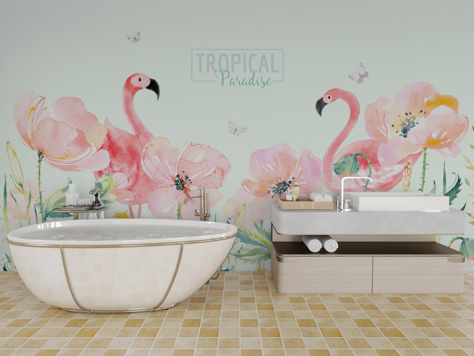 Fototapet Flamingo este o specie de pasăre care poate înota