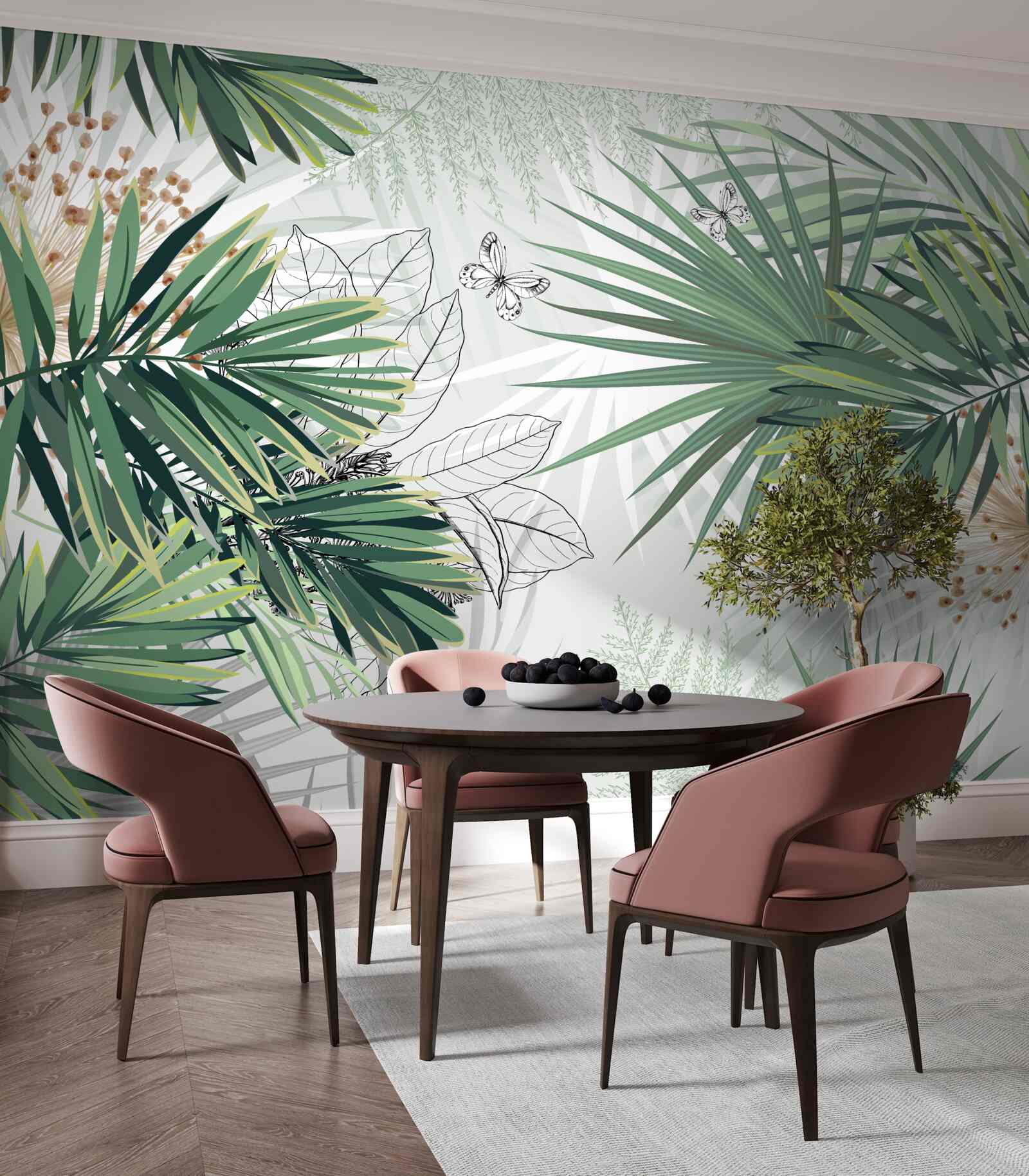 Fototapet coridor, copac și cameră de zi