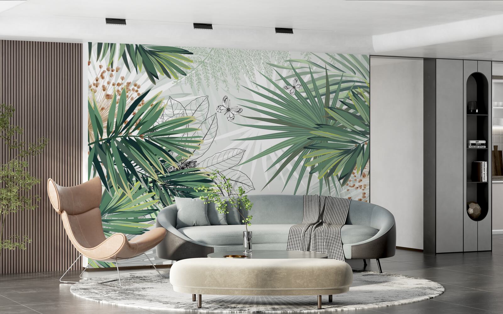 Fototapet coridor, copac și cameră de zi