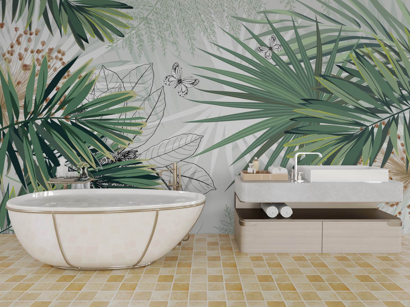 Fototapet coridor, copac și cameră de zi