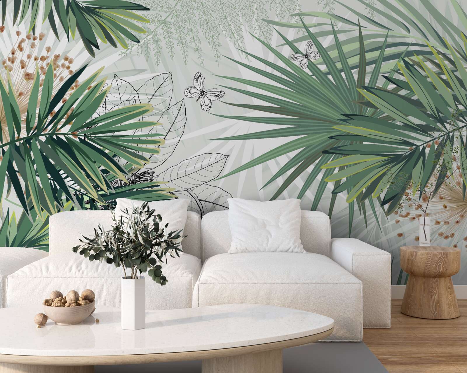 Fototapet coridor, copac și cameră de zi