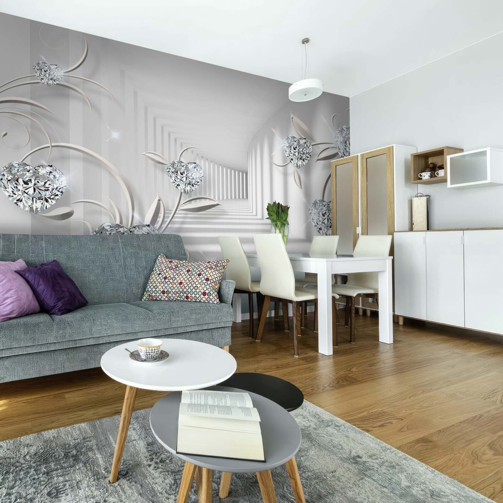 Fototapet cameră în nuanțe de alb cu diamante