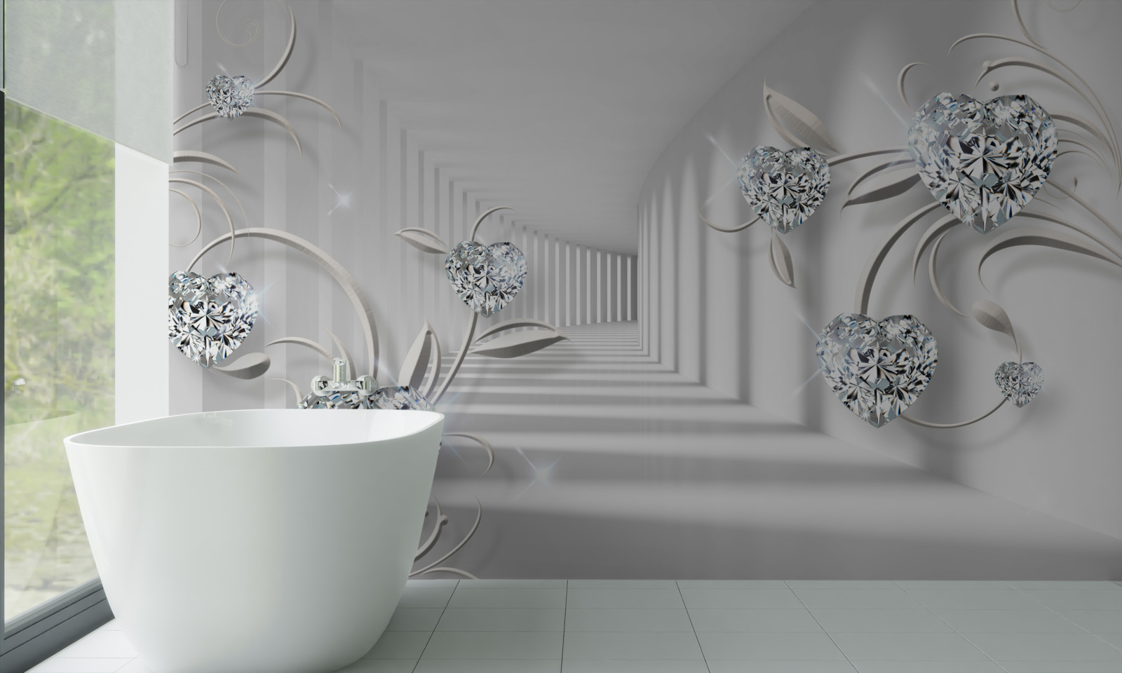 Fototapet cameră în nuanțe de alb cu diamante