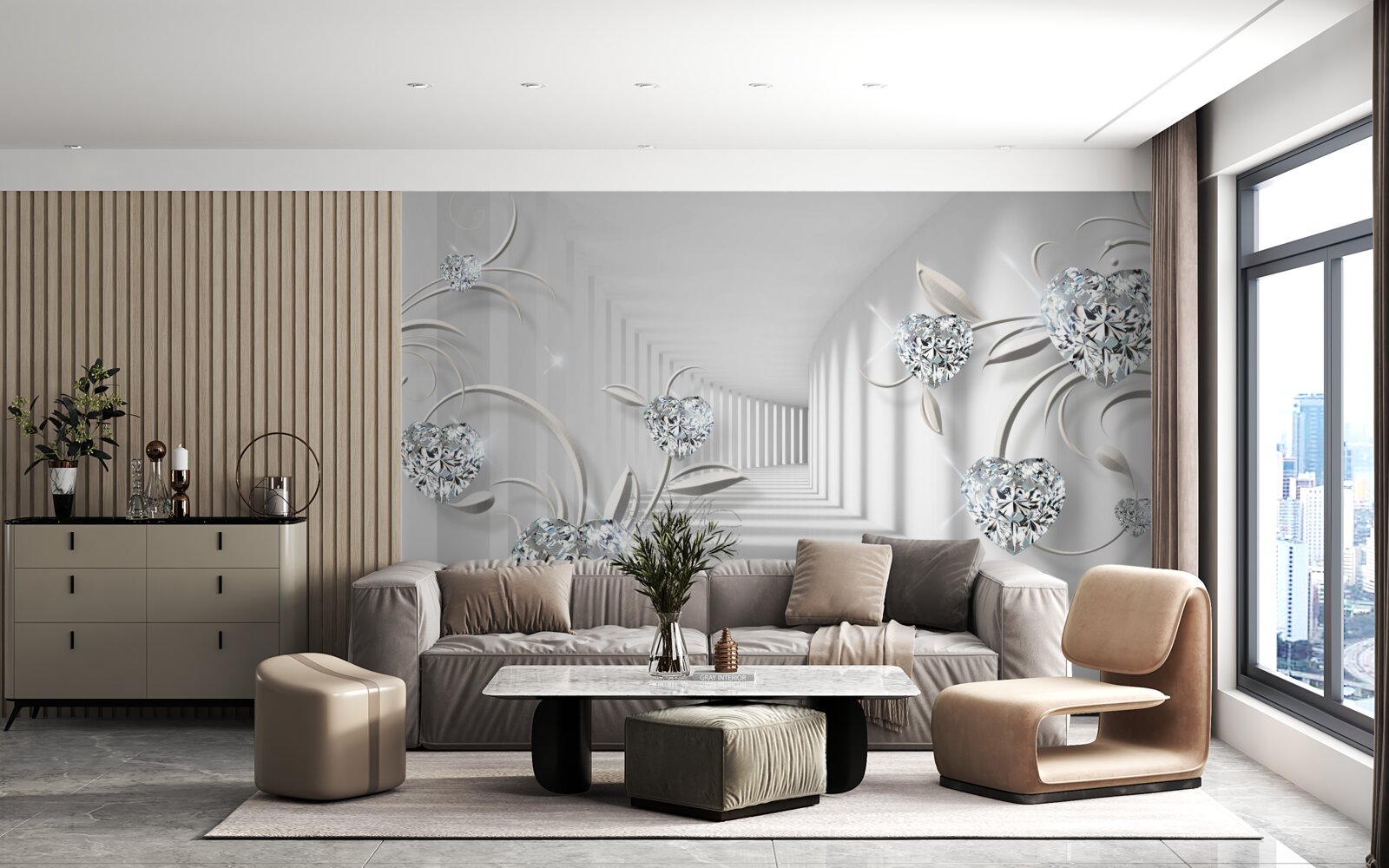 Fototapet cameră în nuanțe de alb cu diamante