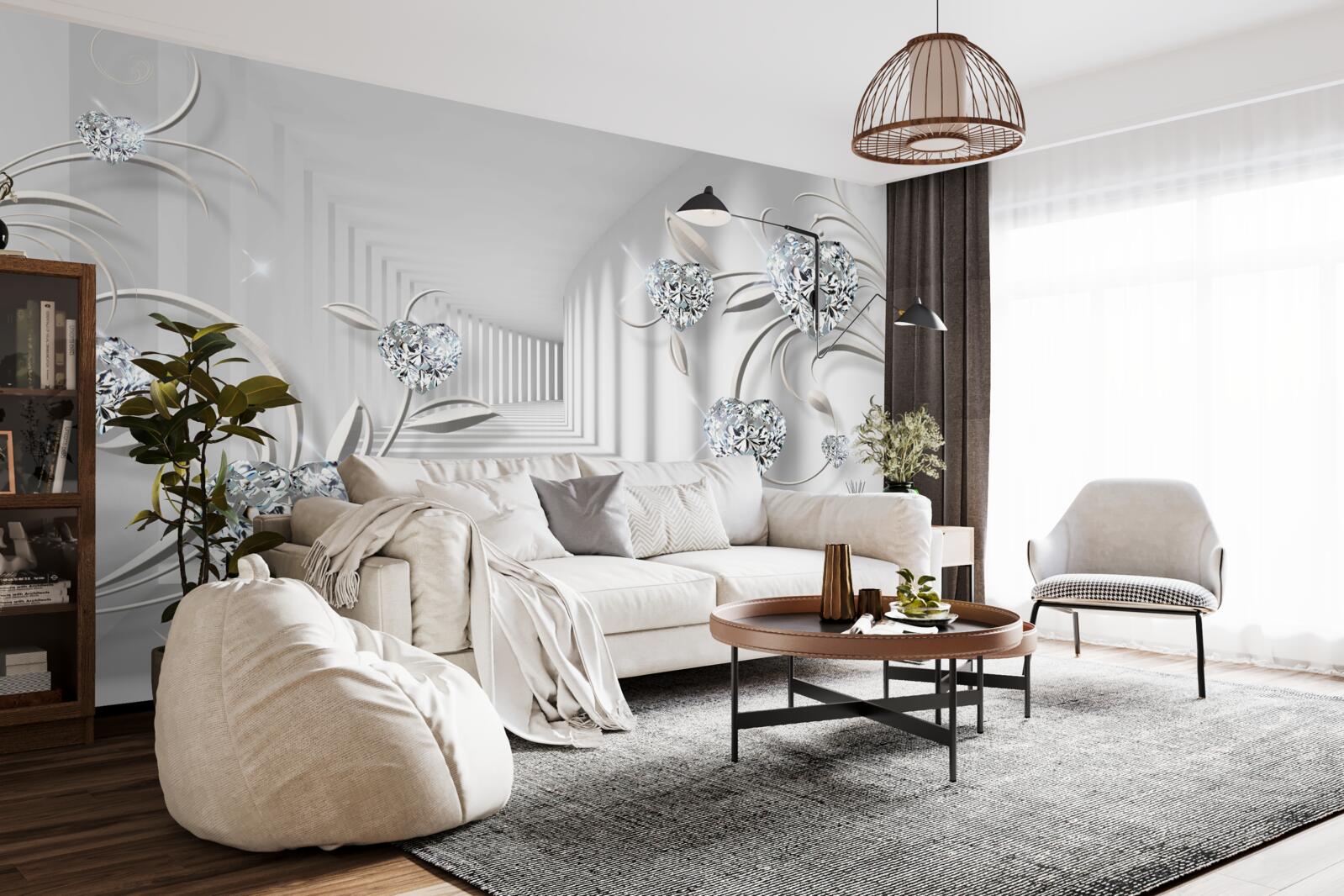 Fototapet cameră în nuanțe de alb cu diamante