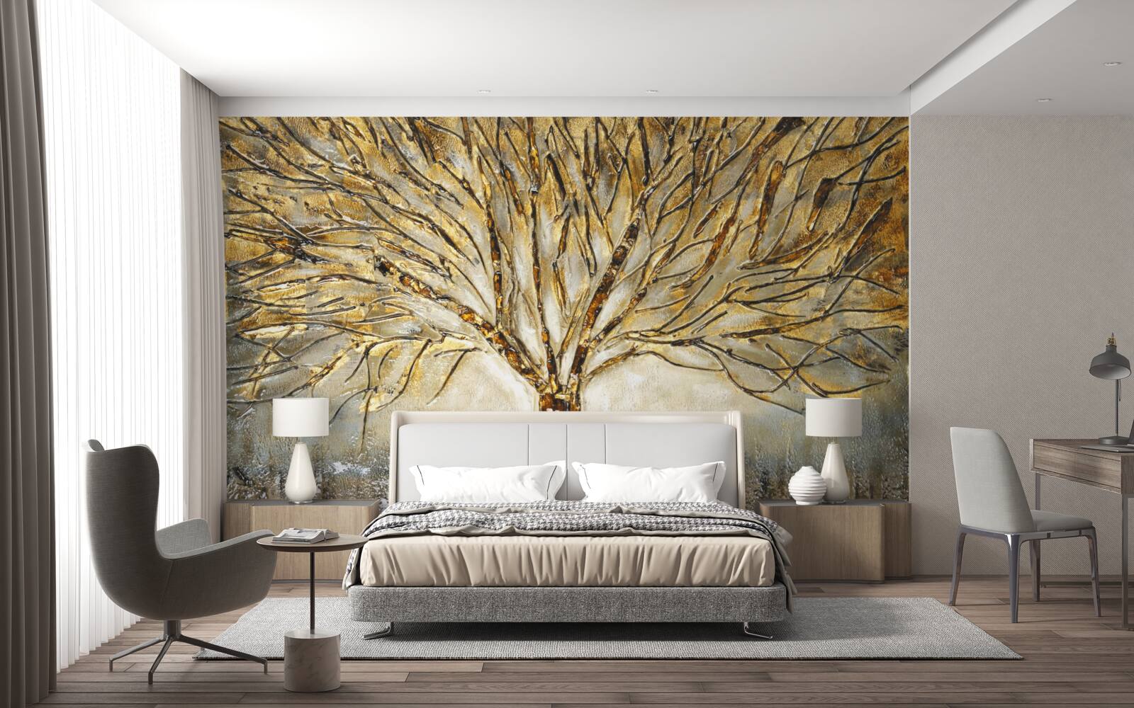 Fototapet copac din metal auriu