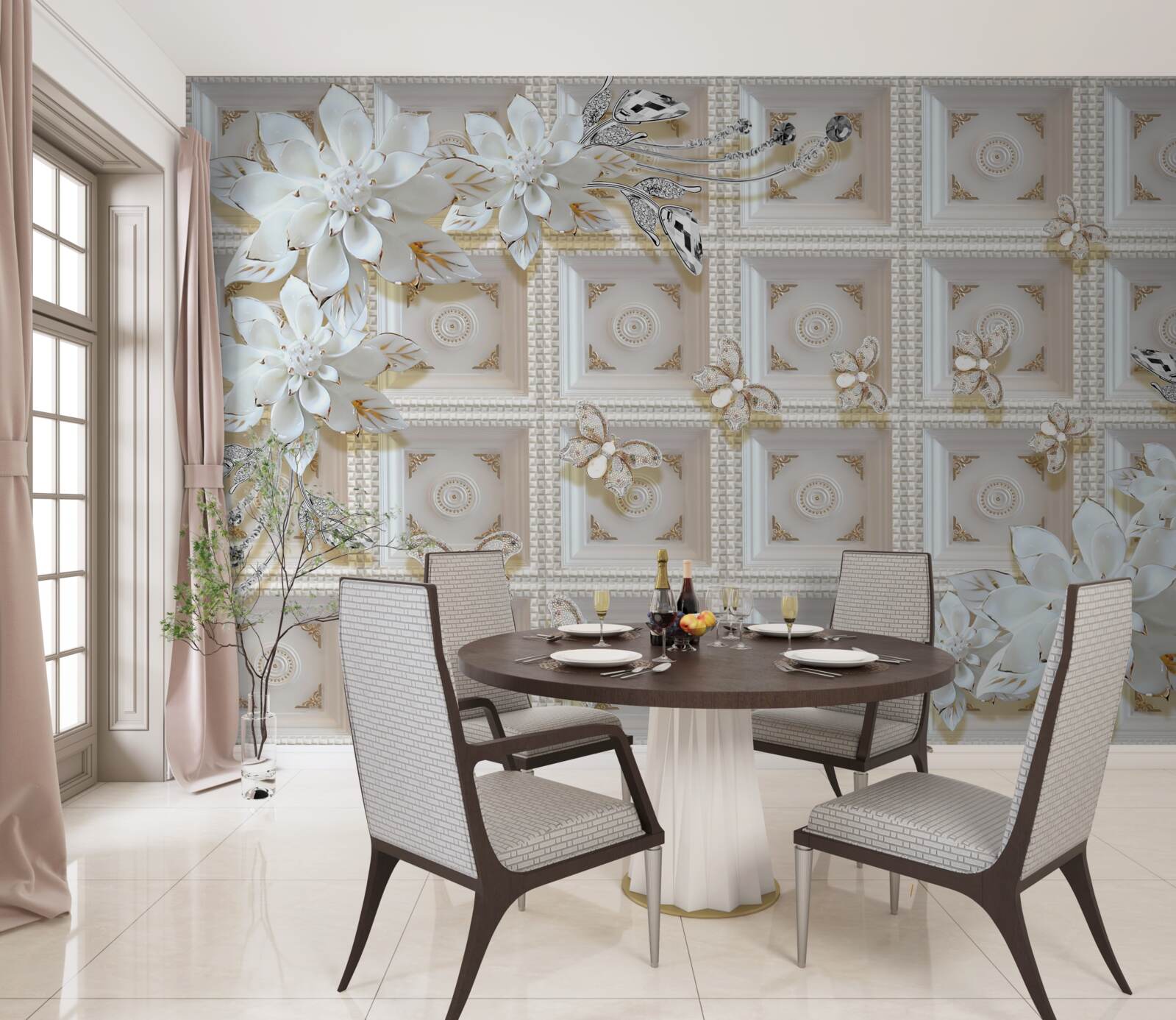 Fototapet flori albe pe un perete mural