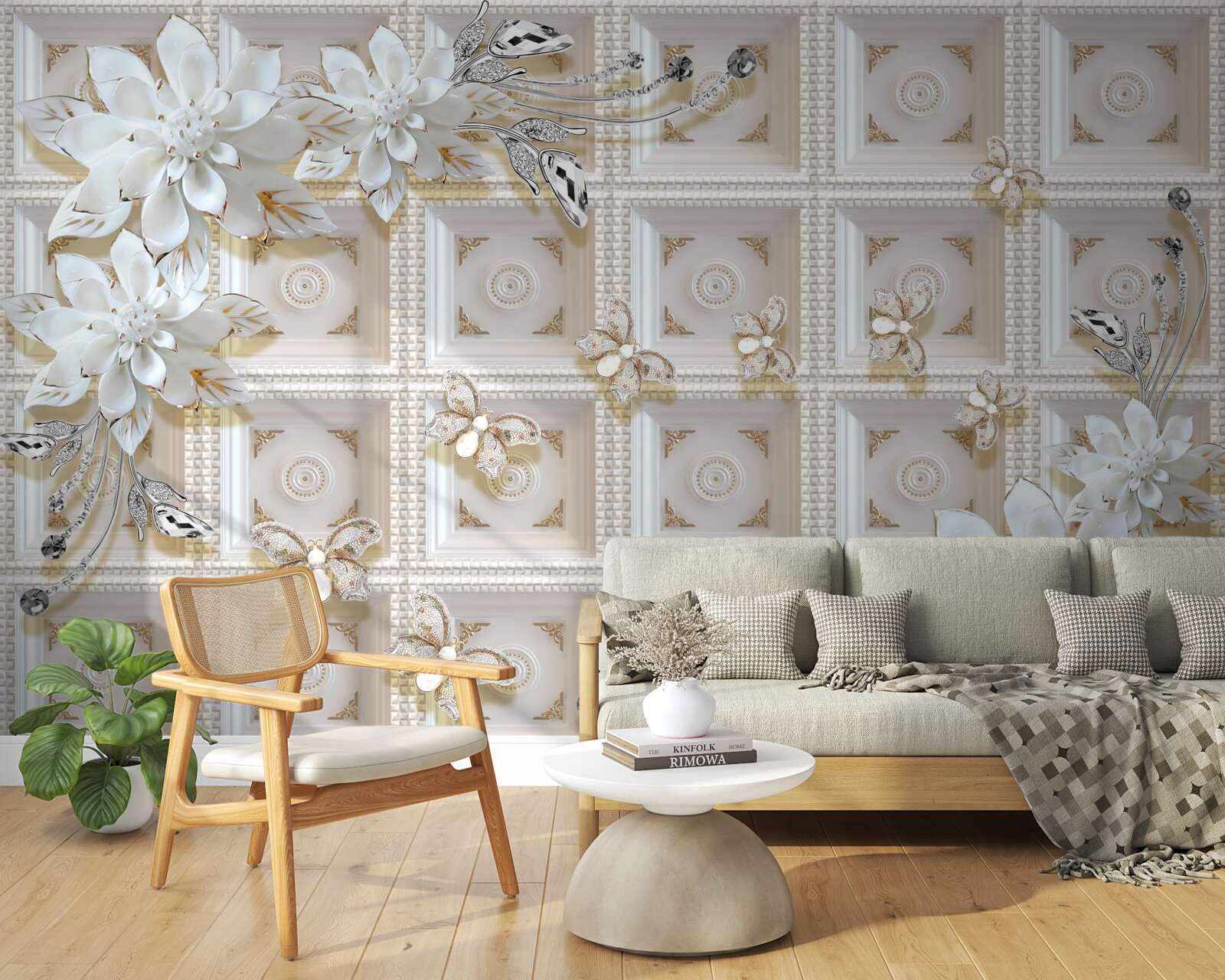 Fototapet flori albe pe un perete mural