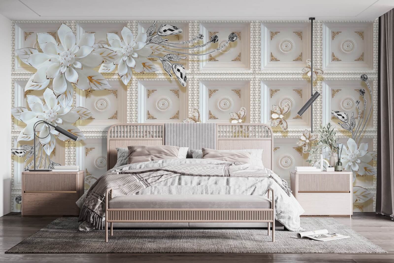 Fototapet flori albe pe un perete mural