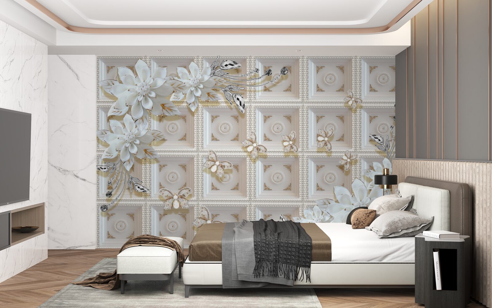 Fototapet flori albe pe un perete mural