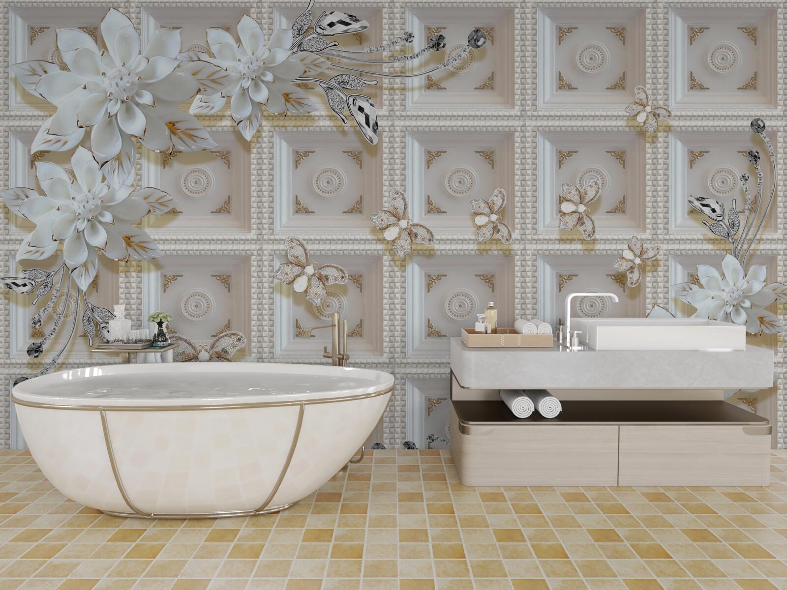 Fototapet flori albe pe un perete mural