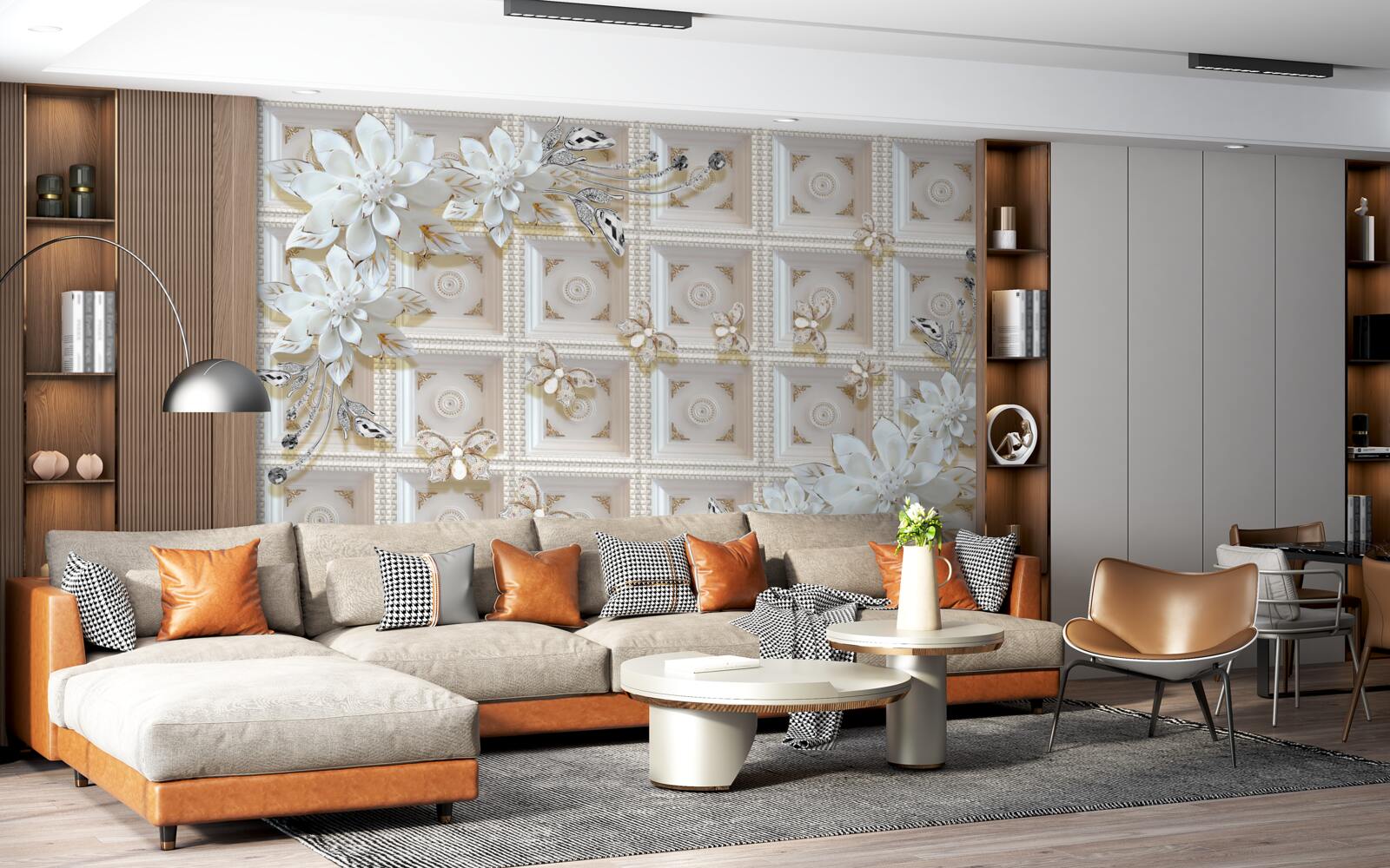 Fototapet flori albe pe un perete mural