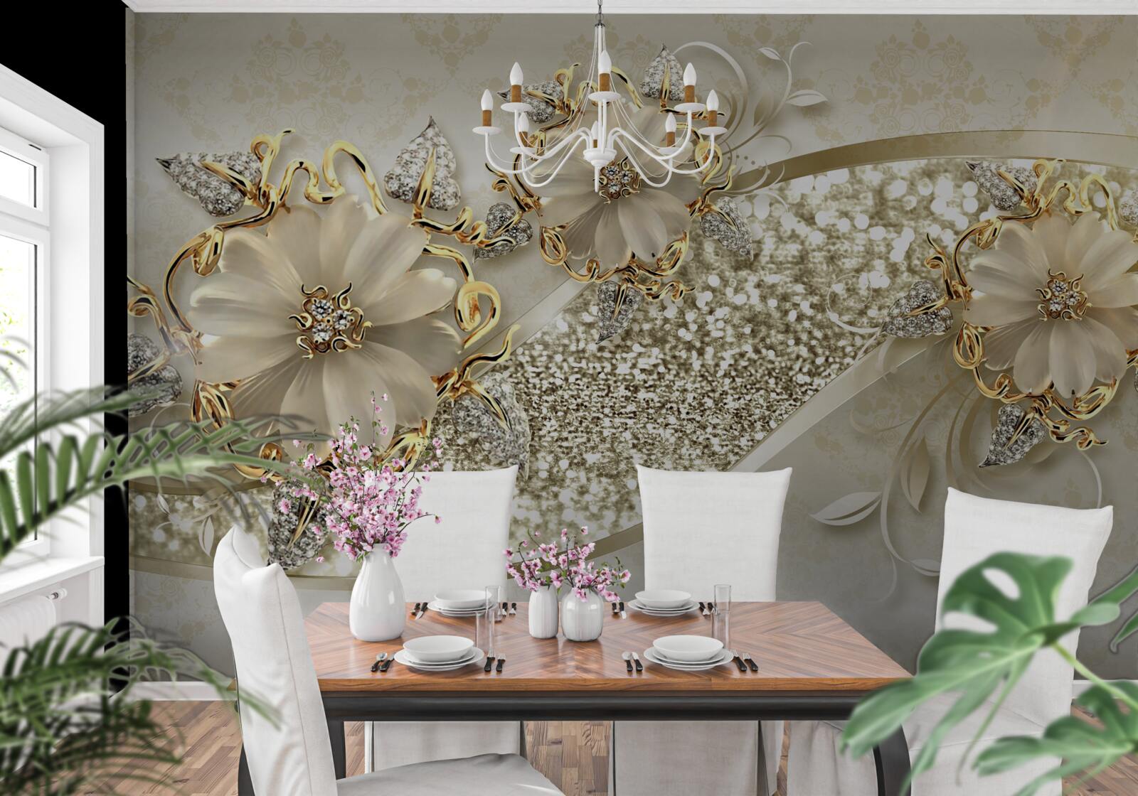 Fototapet buchete pe un perete de aur