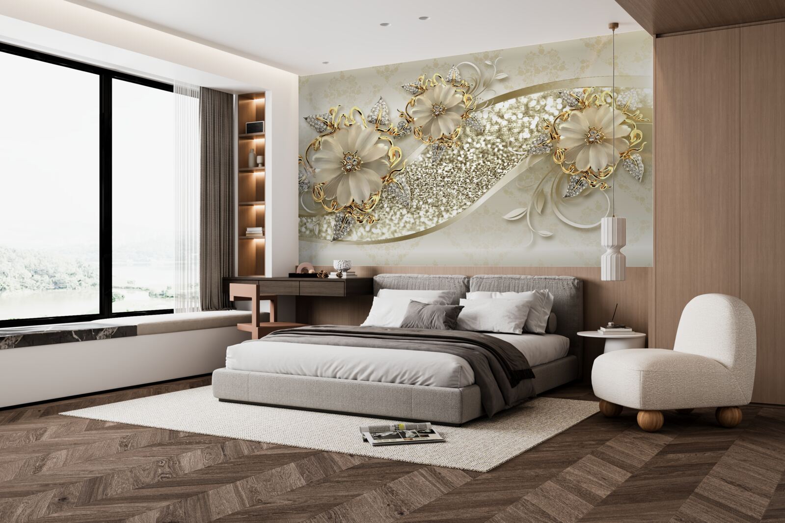 Fototapet buchete pe un perete de aur